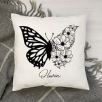 Housse d'Oreiller Personnalisée avec Nom et Fleur de Naissance Taie d'Oreiller Motif Moitié Papillon Moitié Fleurs Cadeau Anniversaire Fête pour Femme
