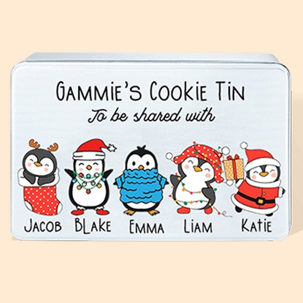 Personalized Cute Christmas Penguin Characters Metal Biscuit Tin