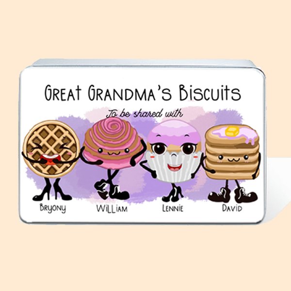 Personalised Food Grade Metal Pink Characters Biscuit Tin with Name Birthday Gift for Family