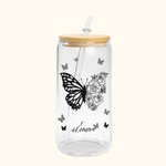 Gobelet en Verre Personnalisé avec Nom et Fleur de Naissance Design Moitié Papillion Moitié Fleur Cadeau Anniversaire Fête pour Maman Grand-Mère