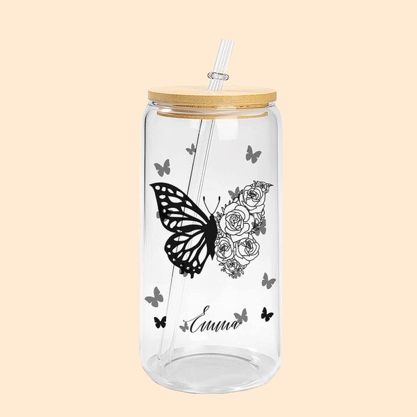 Gobelet en Verre Personnalisé avec Nom et Fleur de Naissance Design Moitié Papillion Moitié Fleur Cadeau Anniversaire Fête pour Maman Grand-Mère