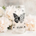 Gobelet en Verre Personnalisé avec Nom et Fleur de Naissance Design Moitié Papillion Moitié Fleur Cadeau Anniversaire Fête pour Maman Grand-Mère