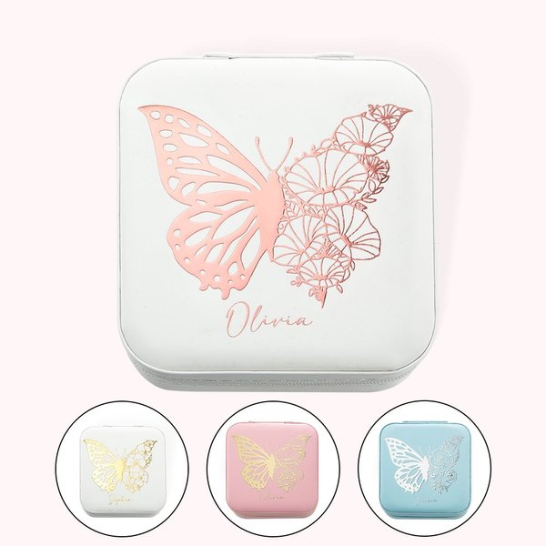 Personalisierte Namen Schmuck Box aus Leder mit Kombination von Schmetterling und Geburtsblume Tragebares Kästchen für Mädchen Mutter Damen