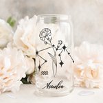 Bouteille en Verre Personnalisée avec Nom Signe Astrologique et Fleur de Naissance Verre Canette avec Couvercle en Bambou Cadeau Anniversaire
