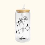 Bouteille en Verre Personnalisée avec Nom Signe Astrologique et Fleur de Naissance Verre Canette avec Couvercle en Bambou Cadeau Anniversaire