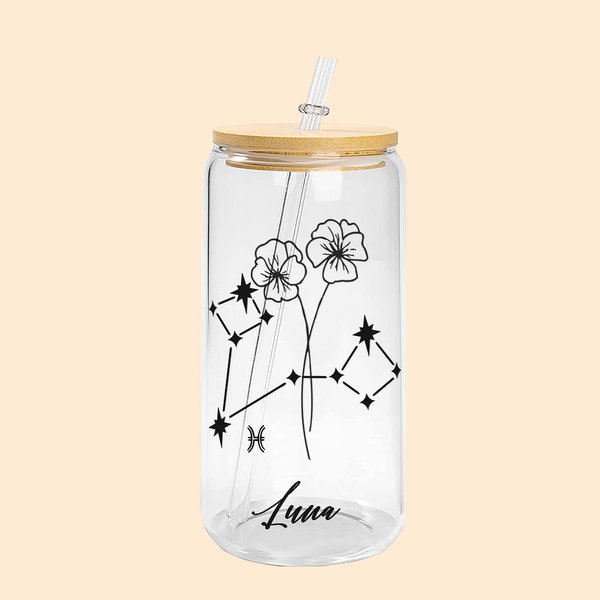 Personalised Name Zodiac and Birth Flower Can Tumbler Glass with Bamboo Lids 20oz