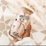 Bouteille en Verre Personnalisée avec Nom Signe Astrologique et Fleur de Naissance Verre Canette avec Couvercle en Bambou Cadeau Anniversaire