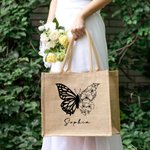 Personalized Birth Flower Butterfly Burlap Tote Bag