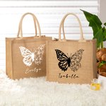 Personalized Birth Flower Butterfly Burlap Tote Bag