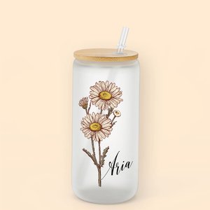 Gepersonaliseerd Vintage stijl aquarel geboorte bloem Frosted 20oz drinkglas met rietje en naam Gift voor vrouwen