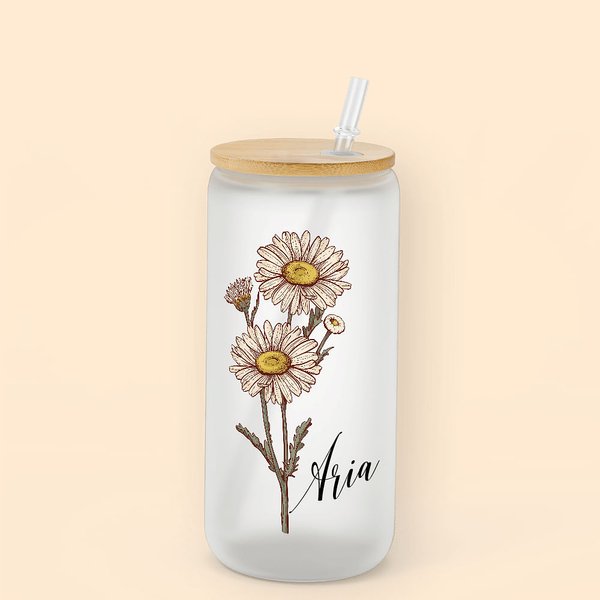 Vaso esmerilado de 20oz con pajita y nombre, personalizado con flor de nacimiento de acuarela estilo vintage para regalo de mujer