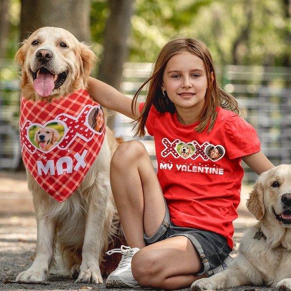 Spersonalizowane zdjęcie XOXO My Valentine Imię Pies Kot Bandana w kratę Pasująca koszulka dla dorosłych Przyjęcie urodzinowe Prezent walentynkowy dla właścicieli zwierząt domowych