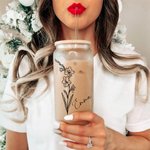 Personalized Birth Flower Tumbler Glass Can with Bamboo Lid and Straw