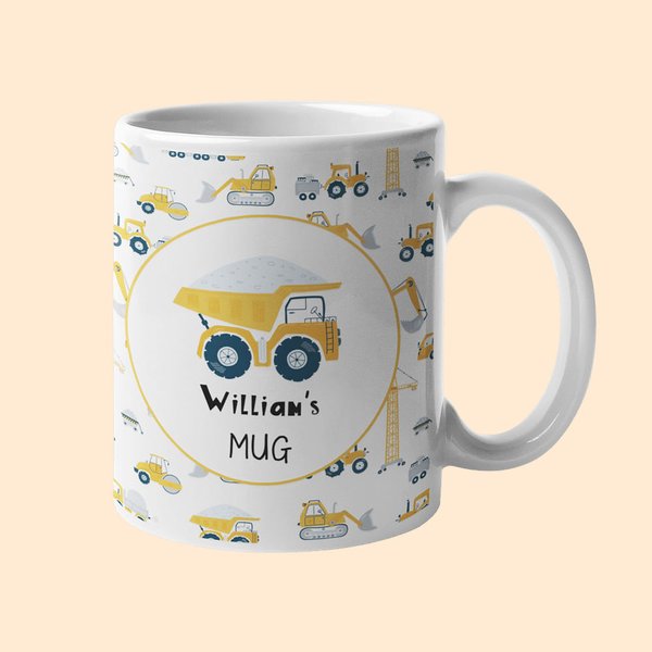 Mug Céramique 330ml Personnalisé avec Noms à Motif Véhicule de Construction Cadeau Anniversaire pour Enfant