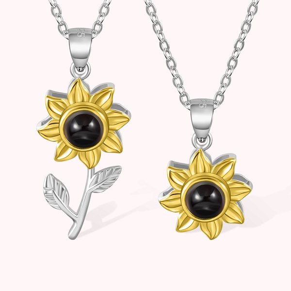 Collier Projection Photo Personnalisé en Argent avec Je t'aime en 100 Langues Pendentif en Forme de Tournesol pour Femme Cadeau Anniversaire