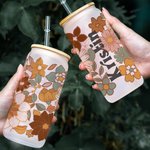 Personalized Vintage Wildflowers Glass Cup with Bamboo Lid and Straw