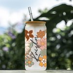 Personalized Vintage Wildflowers Glass Cup with Bamboo Lid and Straw