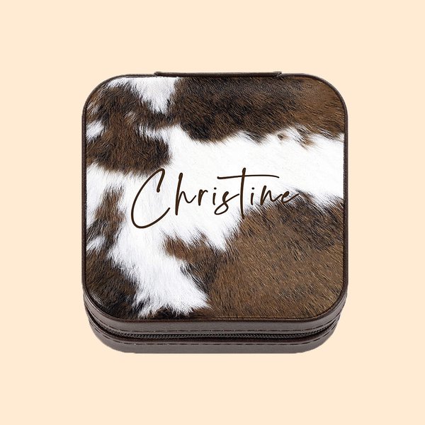 Personalizada vaquera de piel de vaca de viaje Joyería Caja de Almacenamiento Regalo de Navidad Regalo de boda para la familia de la dama de honor