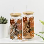 Personalized Vintage Wildflowers Glass Cup with Bamboo Lid and Straw