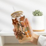 Personalized Vintage Wildflowers Glass Cup with Bamboo Lid and Straw