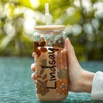 Personalized Vintage Wildflowers Glass Cup with Bamboo Lid and Straw