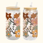 Personalized Vintage Wildflowers Glass Cup with Bamboo Lid and Straw