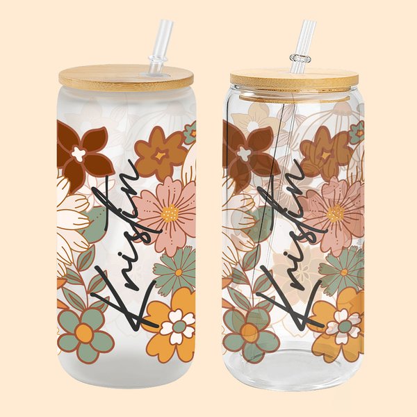 Personalized Vintage Wildflowers Glass Cup with Bamboo Lid and Straw