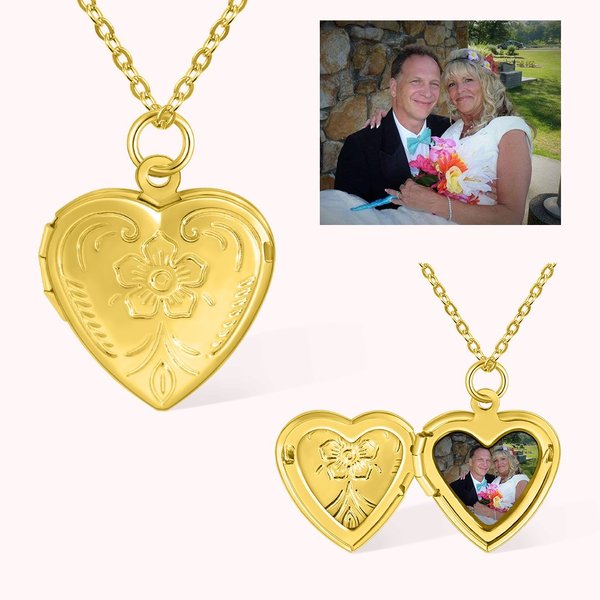 Personalised Flower Heart Locket Necklace with Photo Memorial Jewellery Gift
