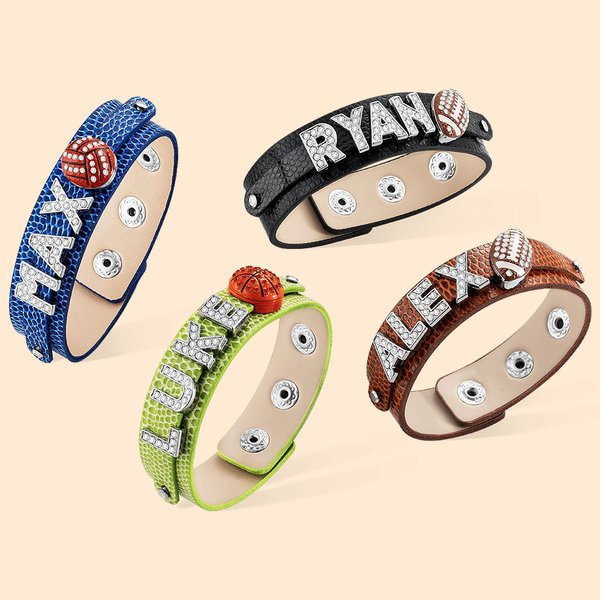 Personalisierte Fußball Volleyball Basketball Fußball Mom Lederarmband mit Namen und Bling Charm