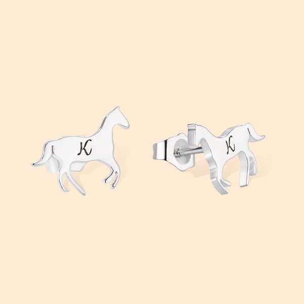Personalized Sterling Silver Little Galloping Horse Stud Earrings with Engraved Initial Birthday Anniversary Gift for Horse Lover