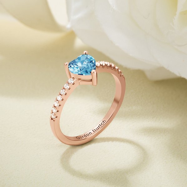 Personalized Heart Birthstone Zircon Sterling Silver Promise Ring with Engraved Text Dainty Jewellery Birthday Mother's Day Wedding Gift for Women Girls