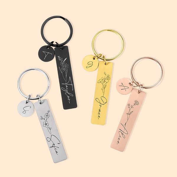 Porte-clés en Acier Inoxydable Personnalisé avec Fleur de Naissance et Initiale sur Disque Cadeau Noël Mariage Fête des Pères pour Famille