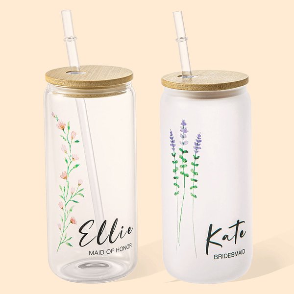Personalized Wild Flower Birth Flower and Name Can Glass Tumbler 20oz Gift for Bridesmaid