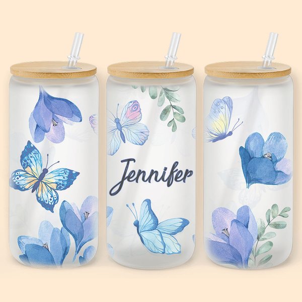 Gobelet en verre personnalisé papillons et fleurs avec couvercles en bambou 20oz