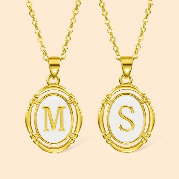 Personalised Initial Pendant Necklace Oval Letter Necklace White Enamel Gold Charm Necklace