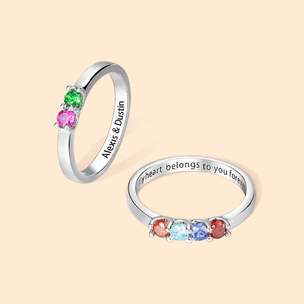 Personalised Sterling Silver Elegant 1-8 Birthstones Ring with Engraved Text Birthday Mother's Day Gift for Mom Grandma