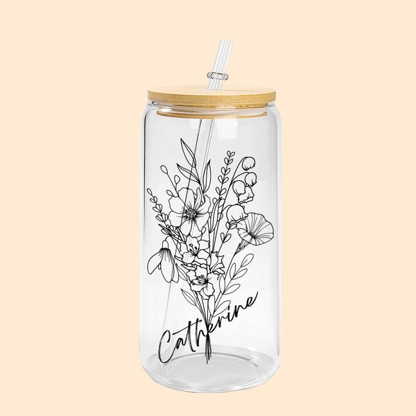 Gobelet en Verre Personnalisé avec Nom et Bouquet de Fleurs de Naissance Verre avec Couvercle et Paille 600ml Cadeau Anniversaire pour Femme