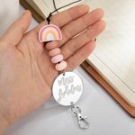 Porte-badge arc-en-ciel avec nom - Lanyard perlé - Cadeau d'enseignant personnalisé rose