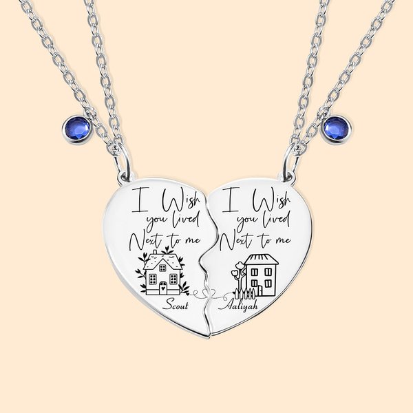 Personalised I Wish You Lived Next to Me Best Friend Set of Two Necklace Engraved with Name Birthstone House Birthday Friendship Gift for Bestie