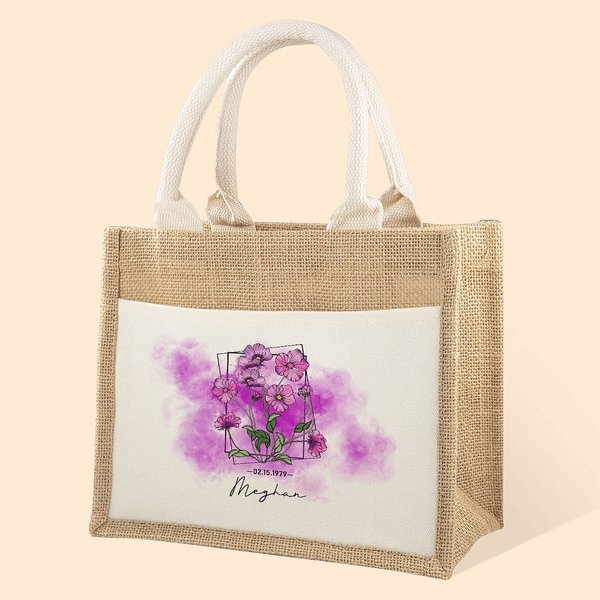 Borsa personalizzata in iuta per riporre i fiori della nascita acquerellati con nome e cognome