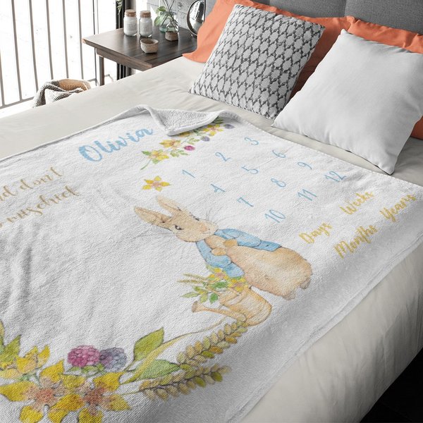 Gepersonaliseerde Peter Rabbit Baby Mijlpaal Groei Tracker Zachte Deken Foto Prop Baby Shower Verjaardagscadeau voor pasgeboren kind