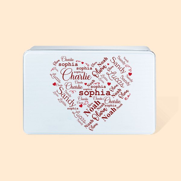 Personalised Family Love Heart Splicing Name Metal Biscuit Tin