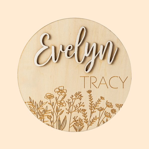 Personalized Wood Baby Birth Announcement Sign with Wildflower and Name