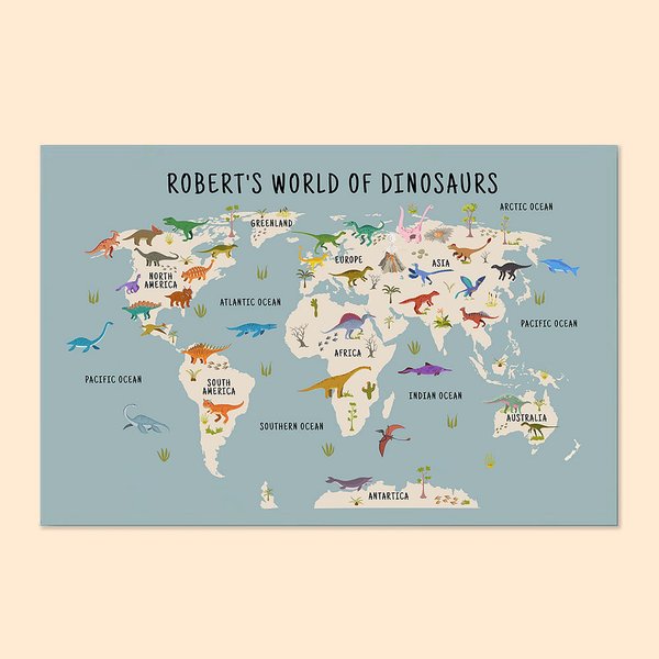 Gepersonaliseerde Dinosaurus Wereldkaart Muurkunst Kinderen Educatieve Poster Print