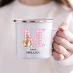 Tasse Émaillée avec Motif Lapin Personnalisée avec Nom et Lettre à Plaid Carreaux Cadeau d'Anniversaire de Pâques pour Enfant