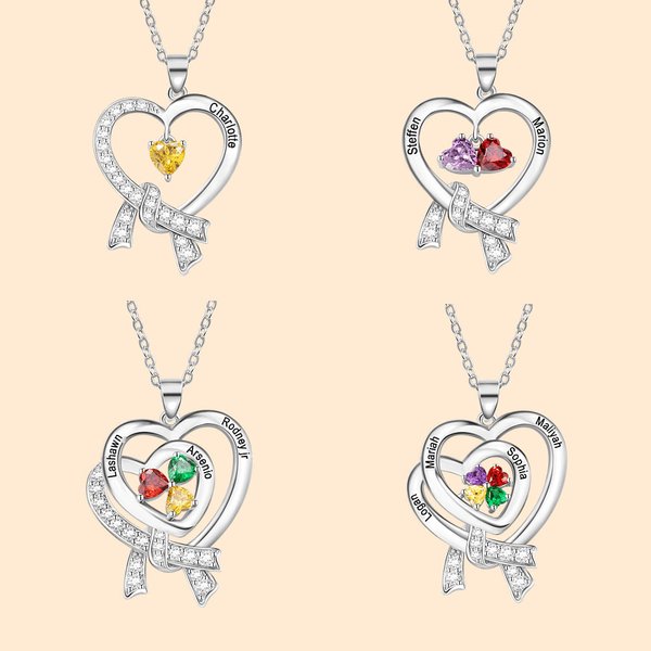 Personalized 1-4 Birthstones and Names Heart Necklace for Mother 's Day Anniversary Birthday