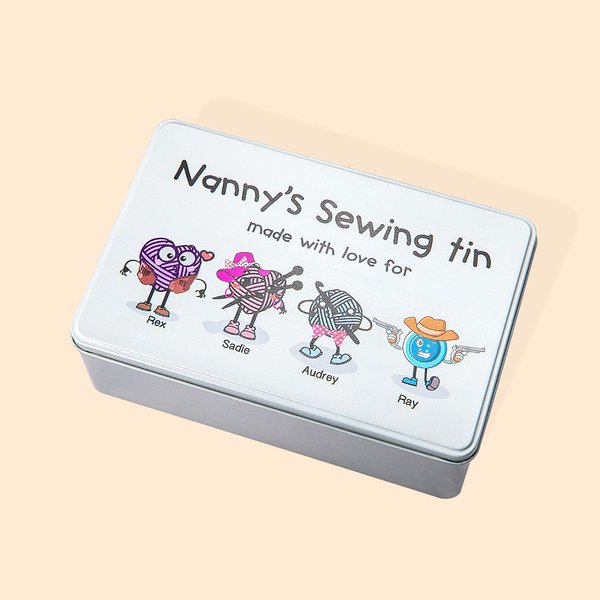 Personalised Sewing Kit Storage Tin with Sewing Cartoon Character