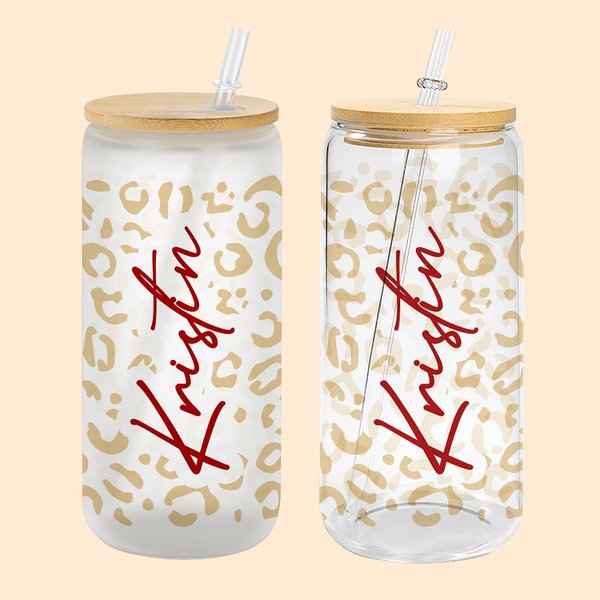 Personalisierte wiederverwendbare Leopard Glas Becher mit Bambus-Deckel und Strohhalm 20oz