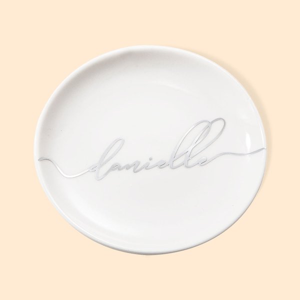 Personalised Pure White Ceramic Bronzing Wedding Ring Plate Jewellery Dish with Name