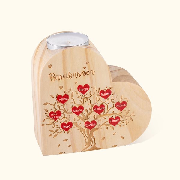 Personalised Wooden Heart Candle Holder with Family Tree Pattern